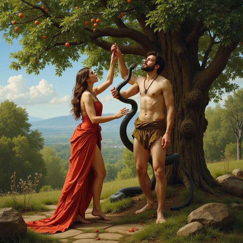 Adam and Eve reaching for the forbidden fruit