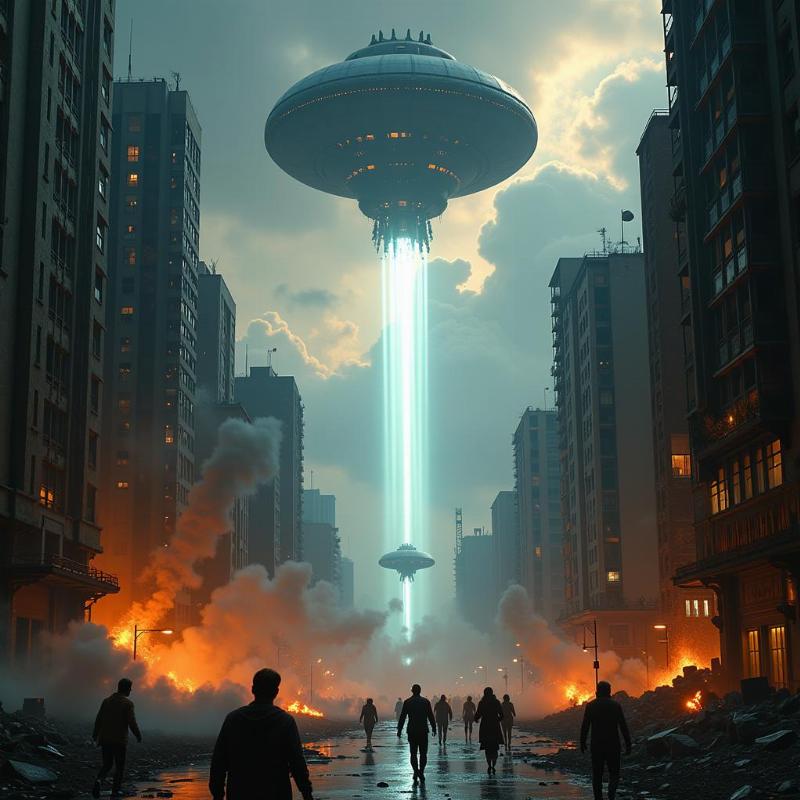 Alien invasion destroying a city