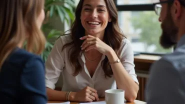 Woman laughing nervously in a meeting