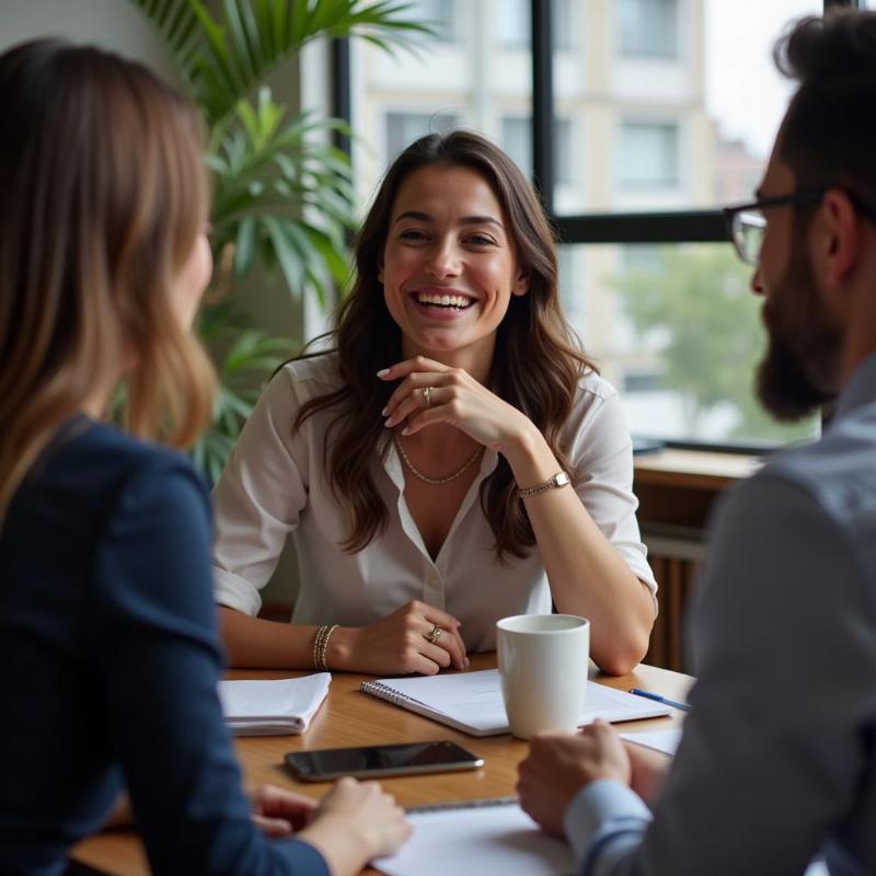 Woman laughing nervously in a meeting