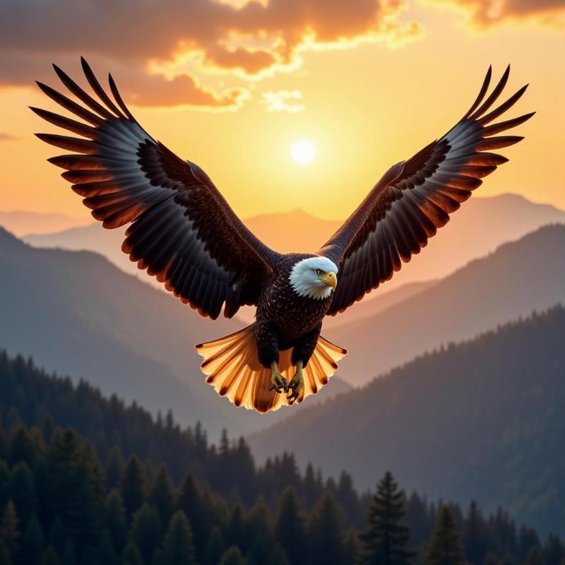 Bald Eagle Soaring Above Mountains