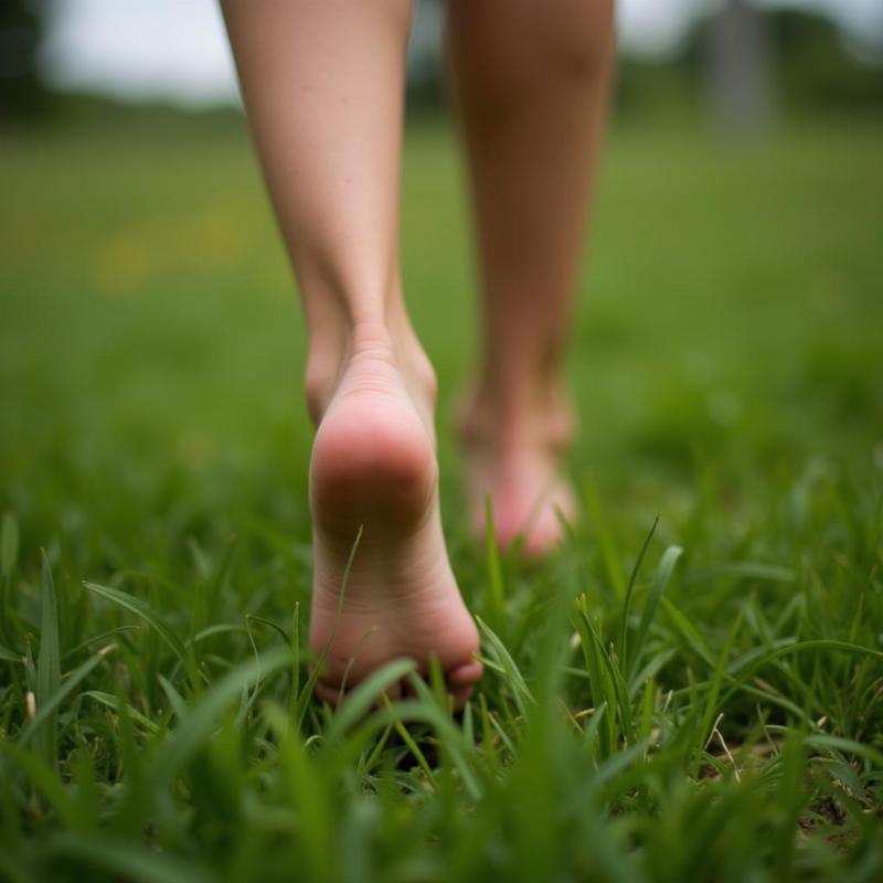 Woman walking barefoot on grass