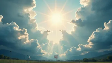 Basketball court reaching up into the clouds