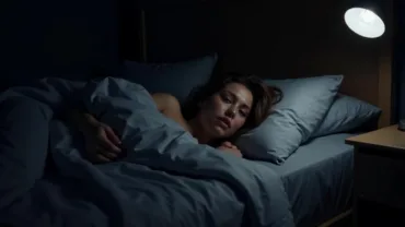 Woman looking stressed in bed, clutching blankets