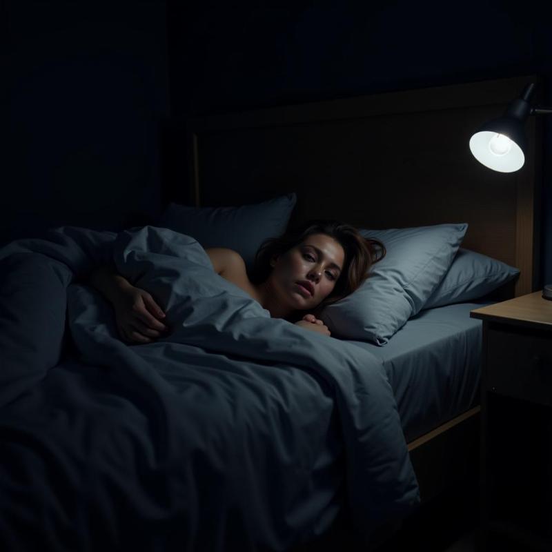 Woman looking stressed in bed, clutching blankets