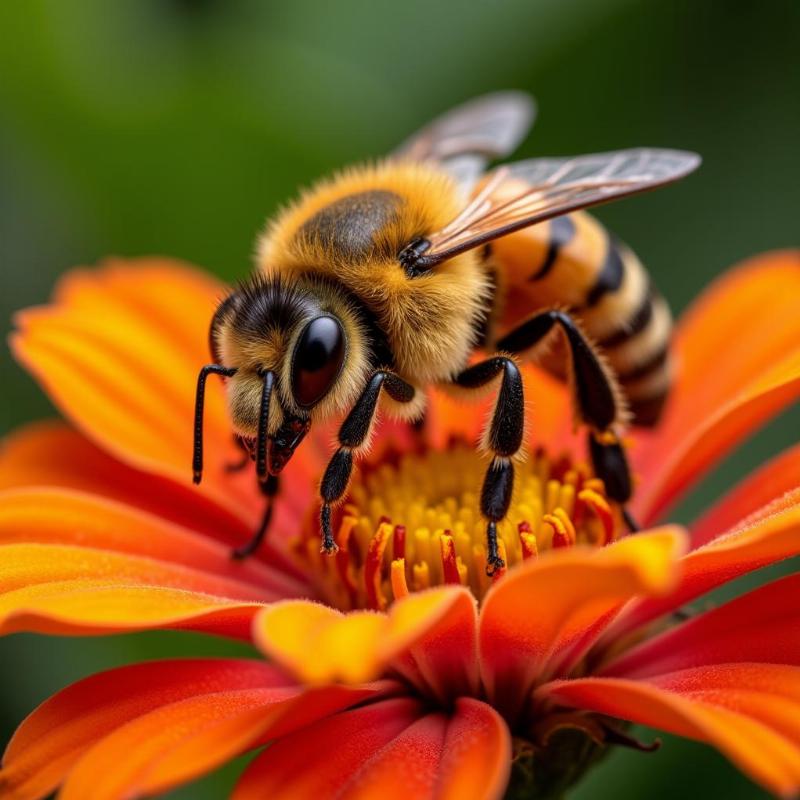 Bee perched on a vibrant flower, covered in pollen