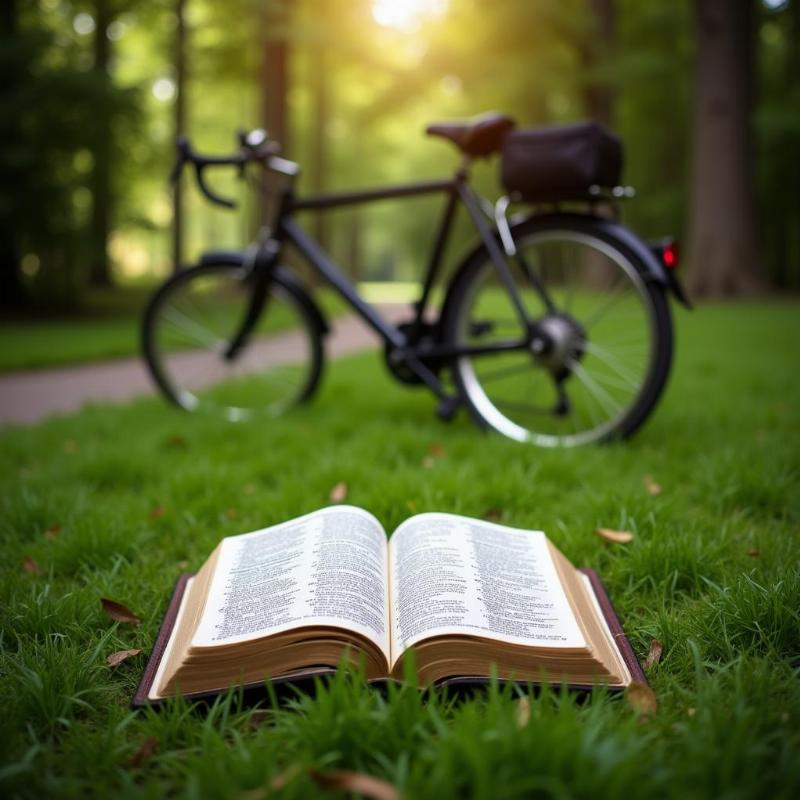 Open Bible with a bicycle on a path