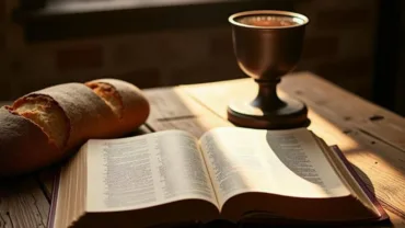 Open Bible with bread on a table in a dream