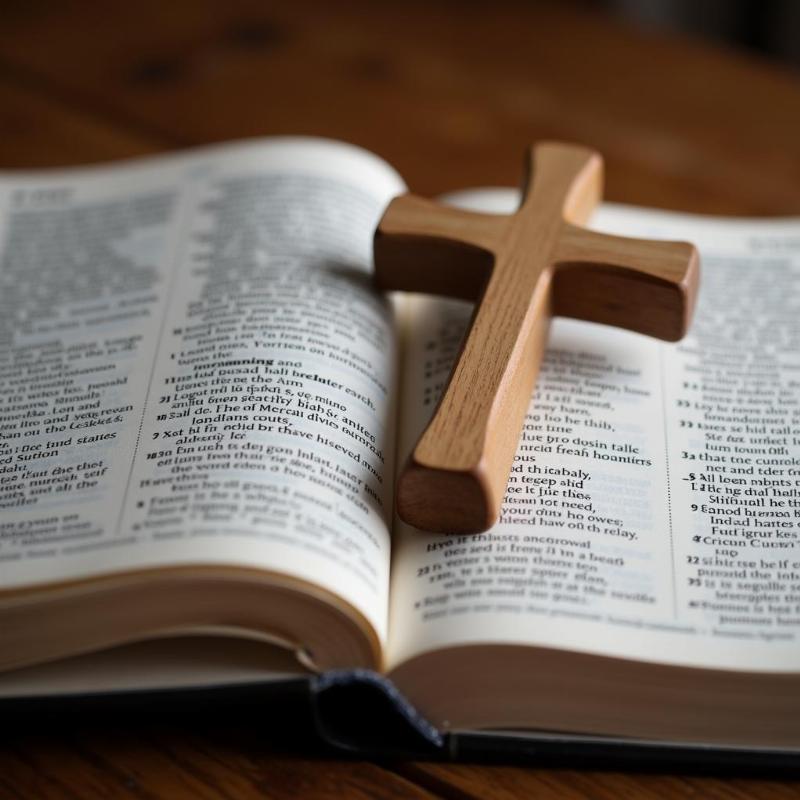 Open Bible with a wooden cross resting on top, symbolizing the search for spiritual guidance and meaning in dreams through Biblical teachings.