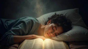 An open Bible with light emanating from its pages, casting a protective glow over a person sleeping peacefully