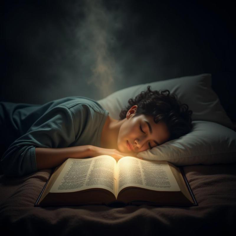 An open Bible with light emanating from its pages, casting a protective glow over a person sleeping peacefully