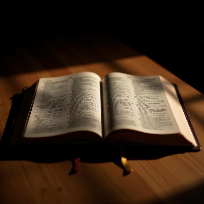 Open Bible with soft light and dramatic shadows