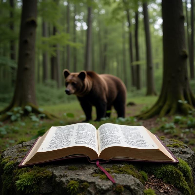 Open bible in a forest with a bear in the background