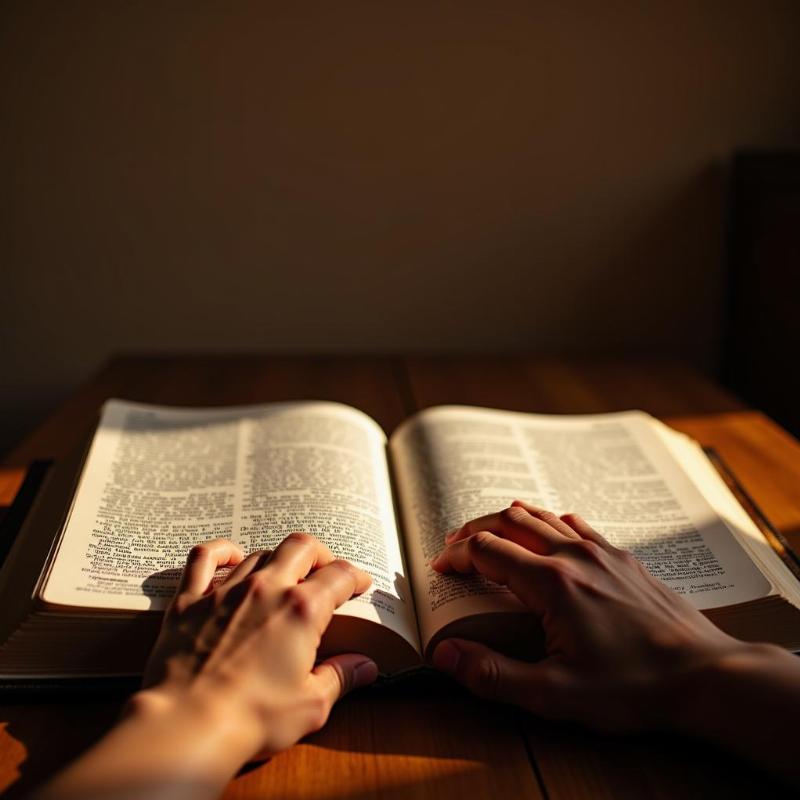 Open Bible with hands resting on the pages