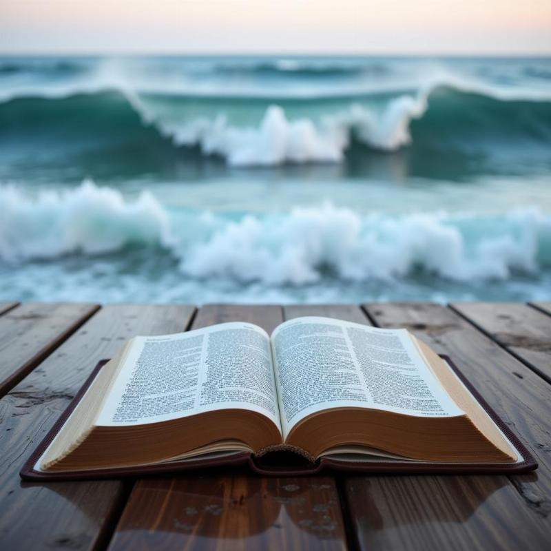 Open Bible with Ocean Waves in Background