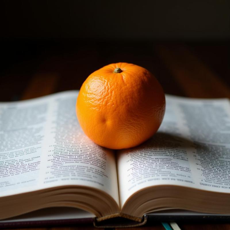 Open bible with an orange on top