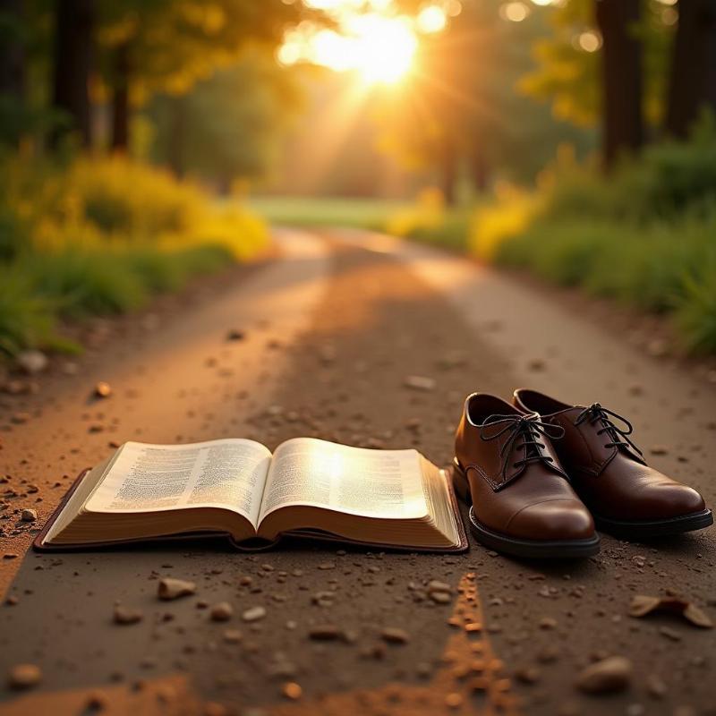 Open Bible with a pair of worn shoes on a path symbolizing a spiritual journey