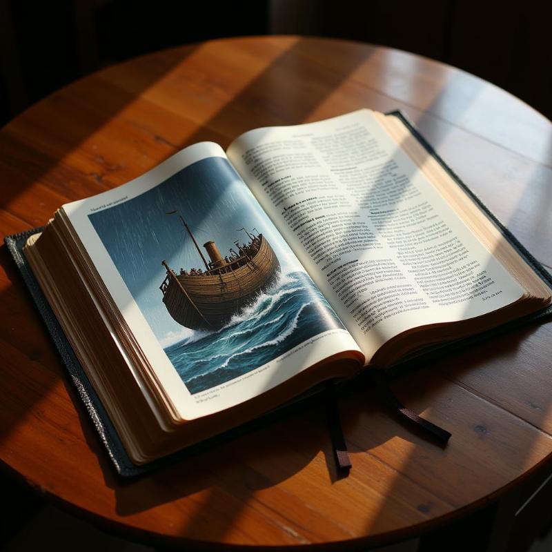 Open Bible with illustration of Noah's Ark and heavy rain