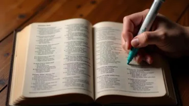 Open Bible with highlighted verses on a wooden table