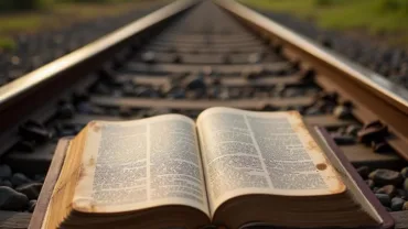 Open Bible Resting on Train Tracks