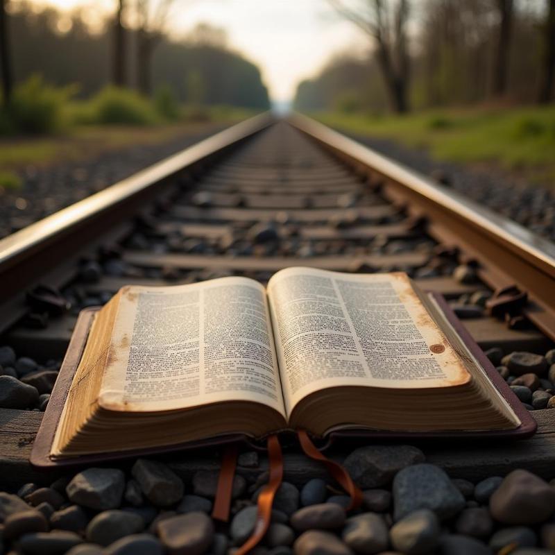 Open Bible Resting on Train Tracks