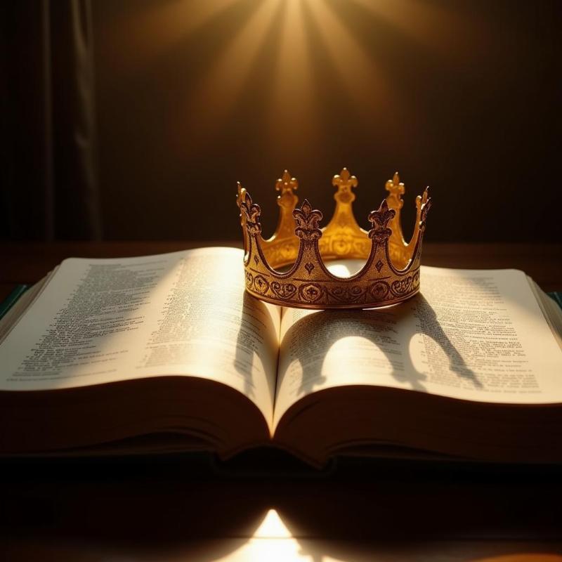 Open bible page with a golden crown resting on top