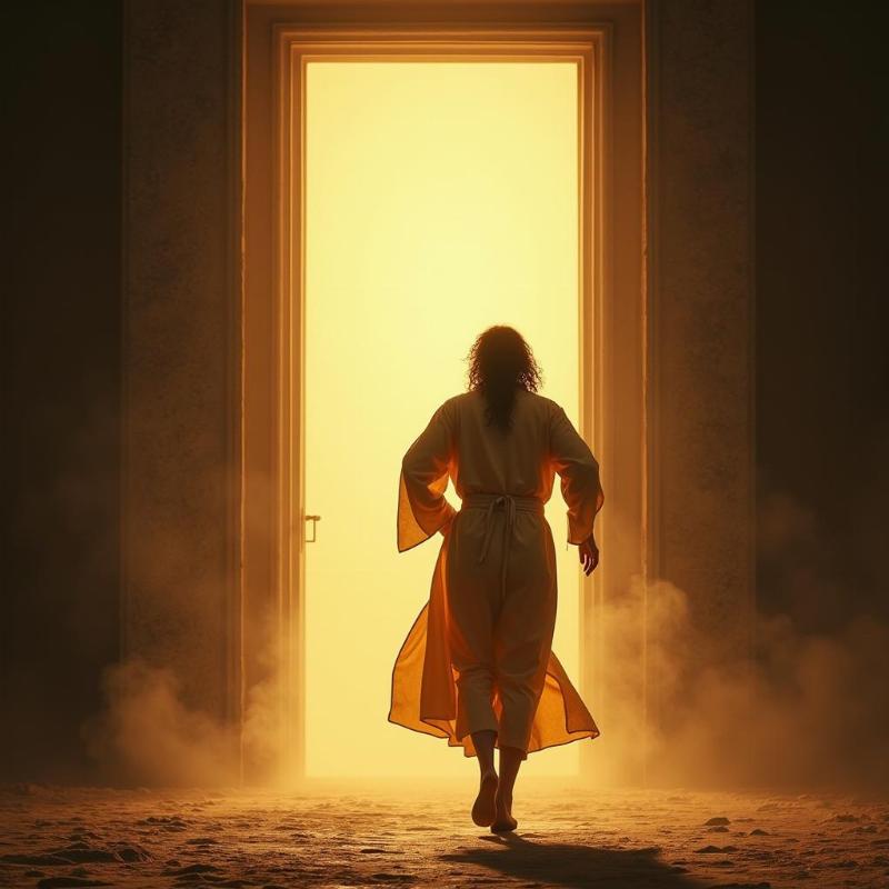 Biblical Figure Running Towards Light