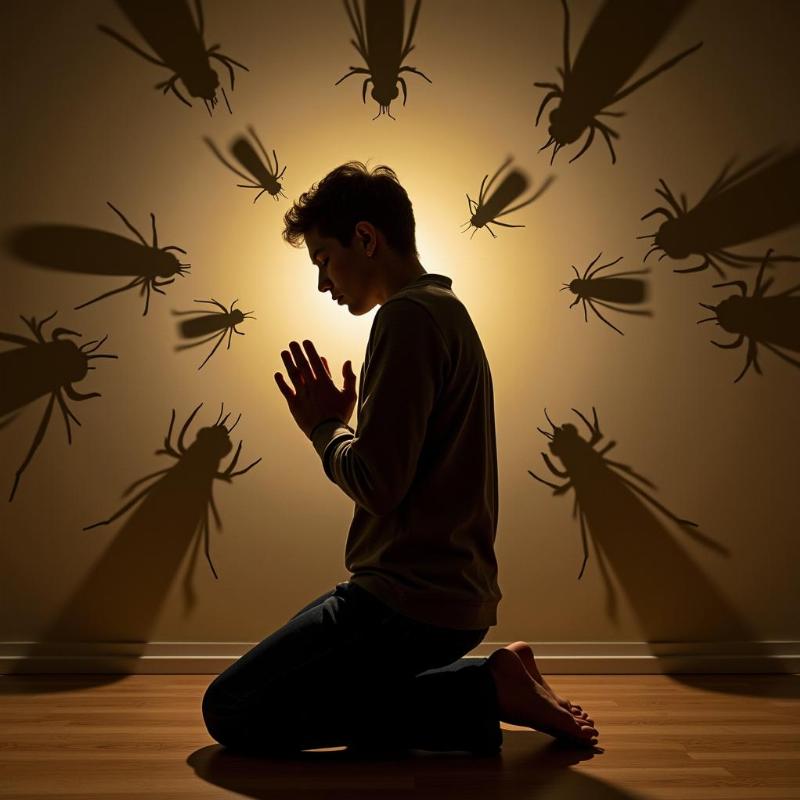 Biblical Interpretation of Cockroach Dream: A person prays amidst a symbolic representation of a cockroach infestation, seeking guidance and spiritual cleansing.