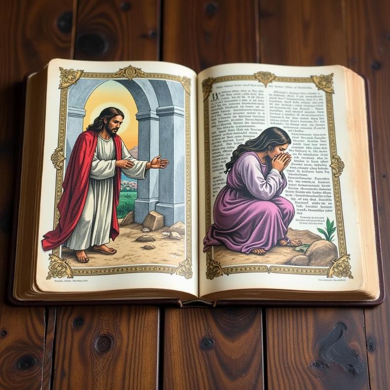  Biblical interpretation of crying in a dream: Open pages of an ancient book with illustrations of biblical scenes where tears are prominent, like Jesus weeping over Lazarus and a woman kneeling in prayer, a tear rolling down her cheek.