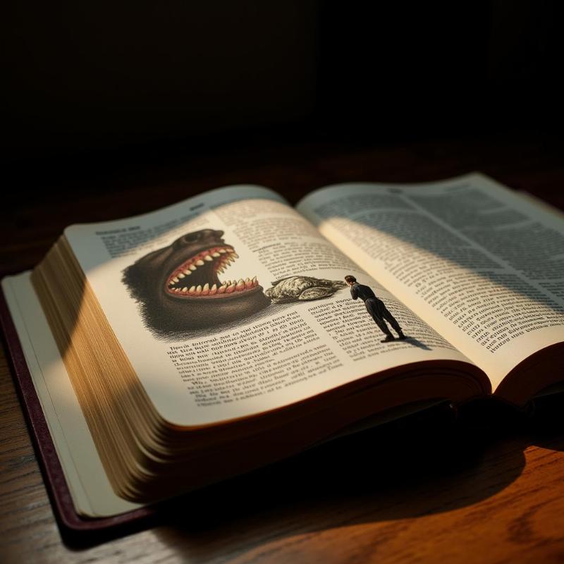 Open Bible with illustrations of teeth and a questioning figure