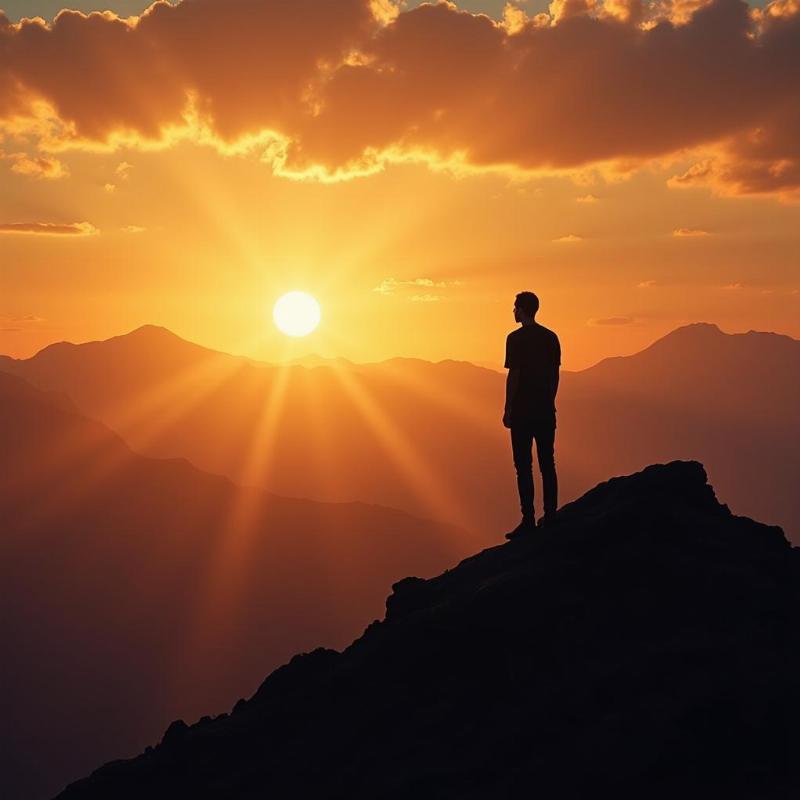 Figure standing on mountain peak looking towards the heavens.