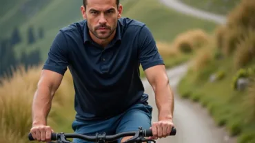 Man struggling to ride a bicycle uphill