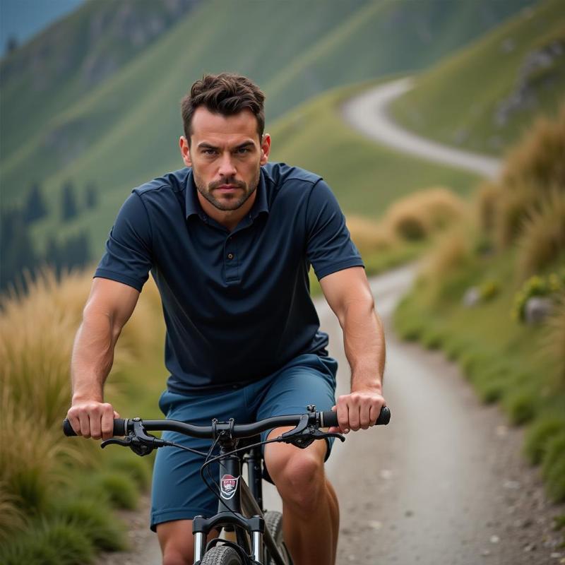 Man struggling to ride a bicycle uphill