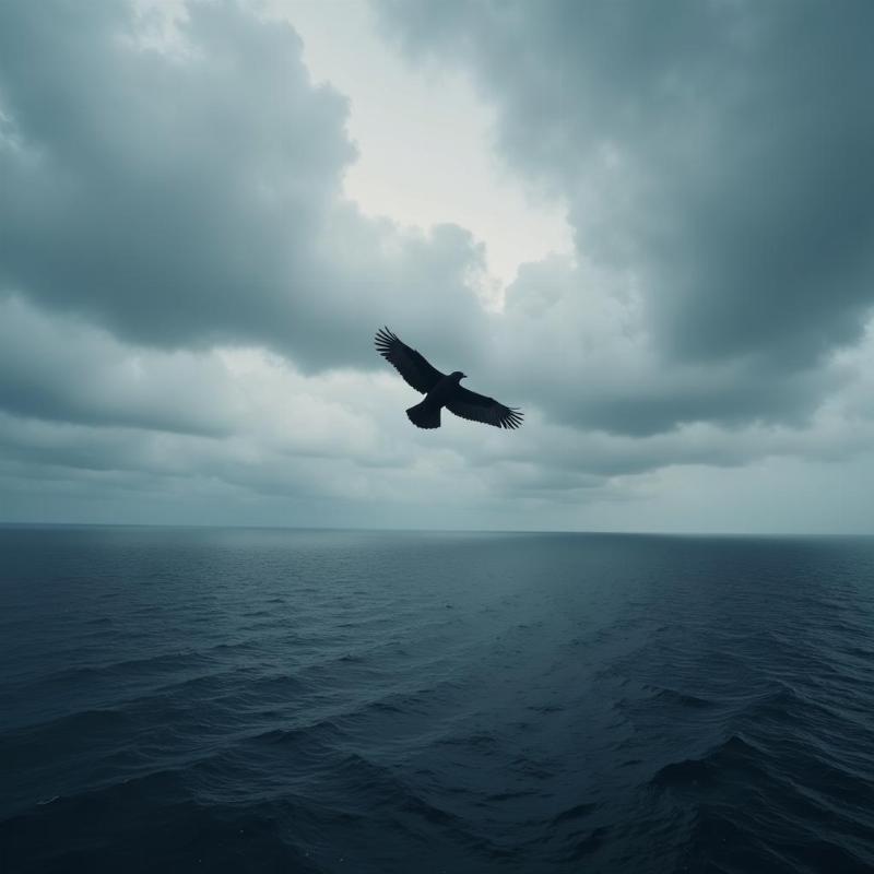 Black Bird Flying Over the Ocean in a Dream