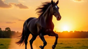 Black horse running through a field