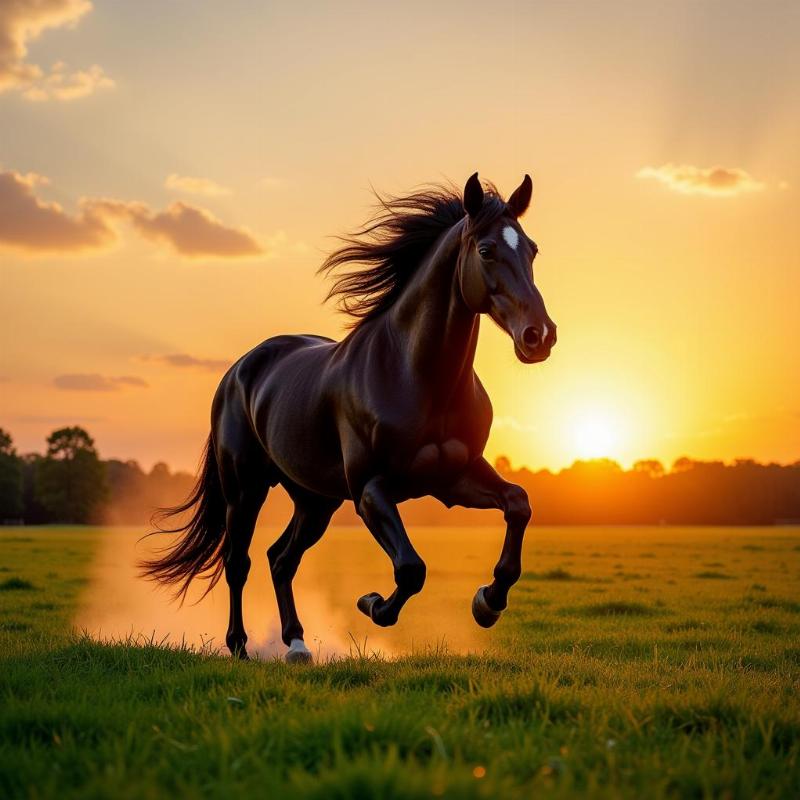 Black horse running through a field