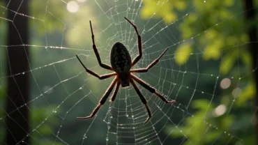 Black spider weaving an intricate web