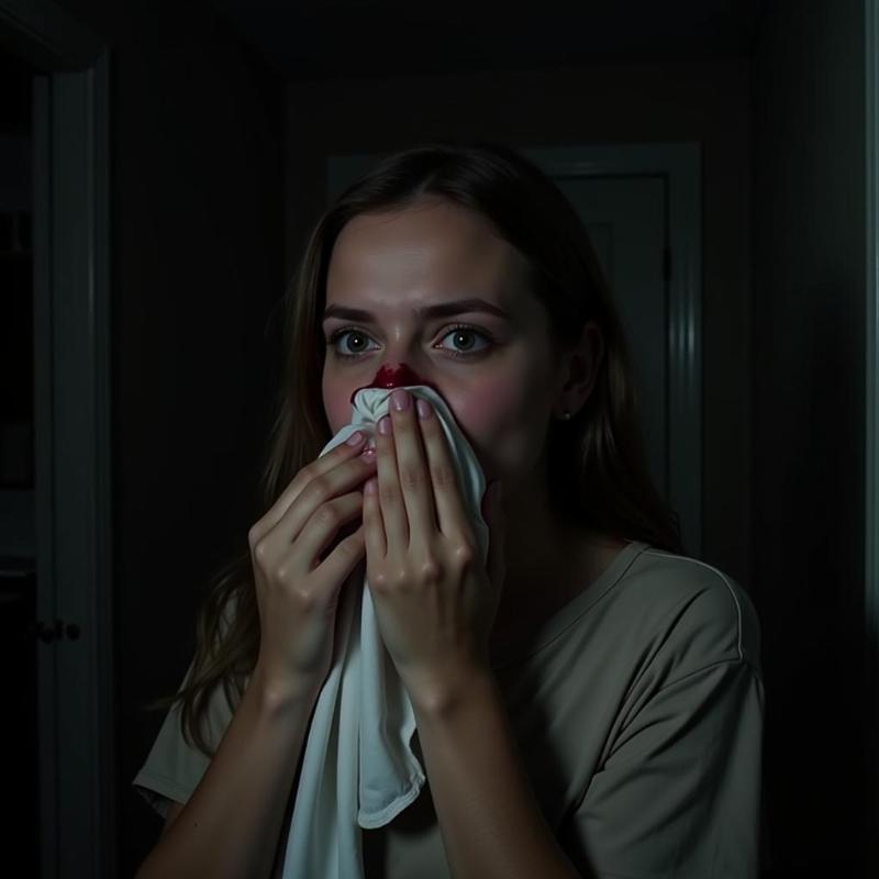 Woman holding handkerchief to bleeding nose in dream, worried expression