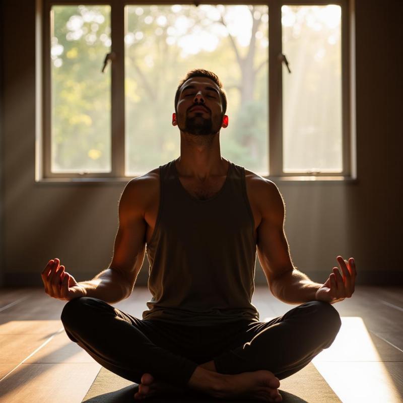 Man meditating peacefully near a window