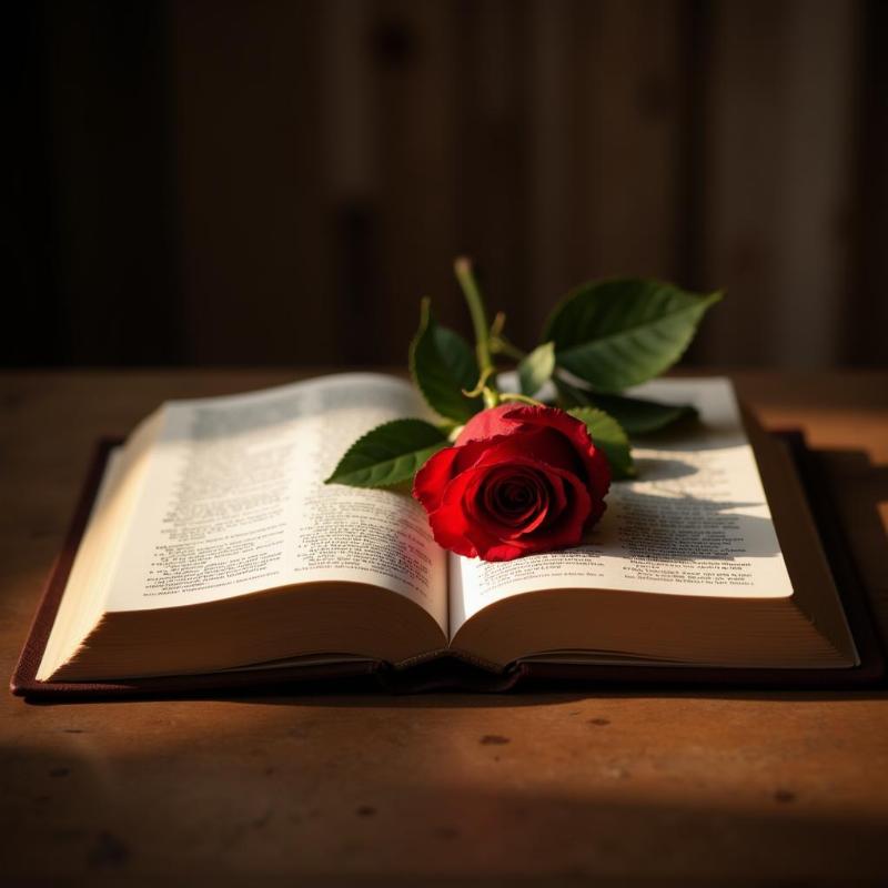 Open bible with a single red rose on top