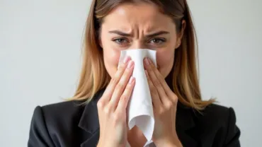 Woman holding tissue to nose looking stressed