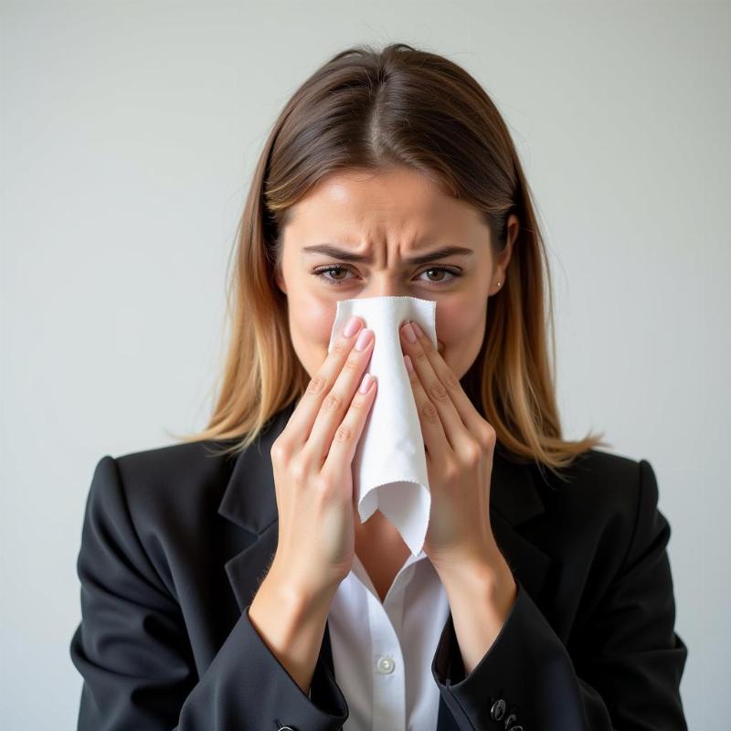 Woman holding tissue to nose looking stressed