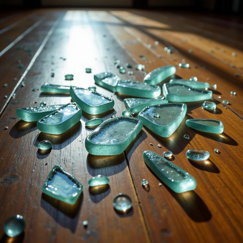 Shattered glass scattered across a wooden floor