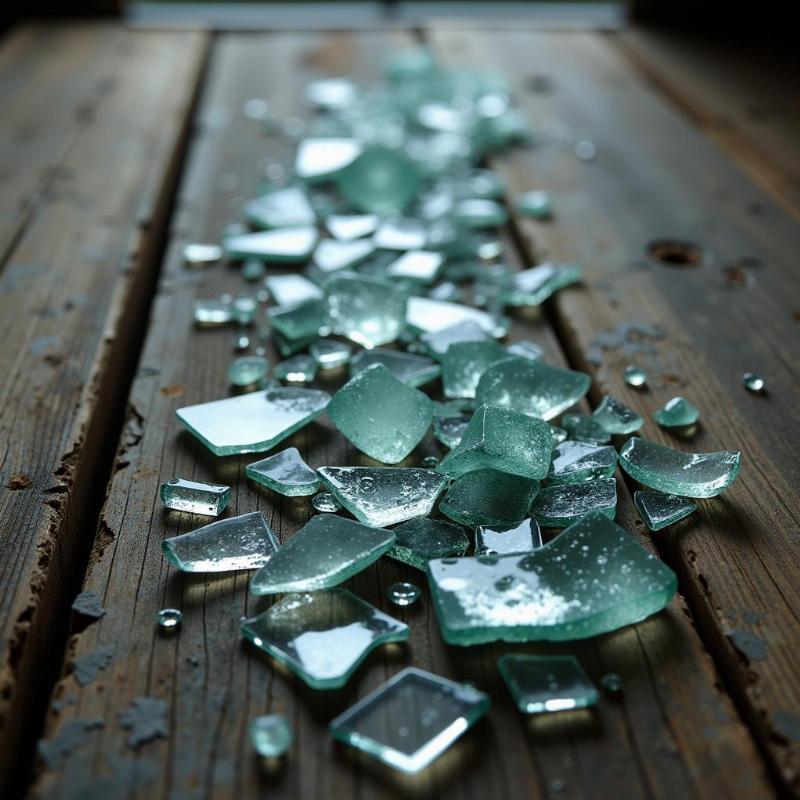 Shattered glass scattered on a wooden floor