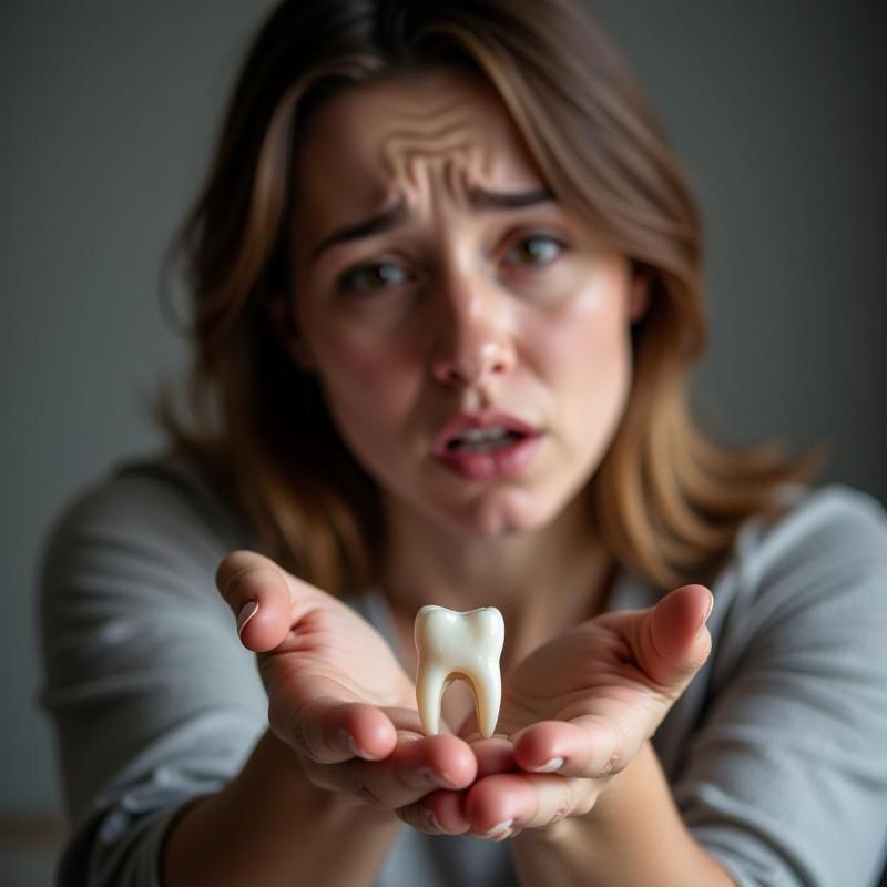 Woman holding a broken tooth in her hand