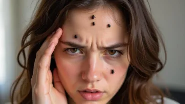 Woman with concerned expression looking at bugs in her hair