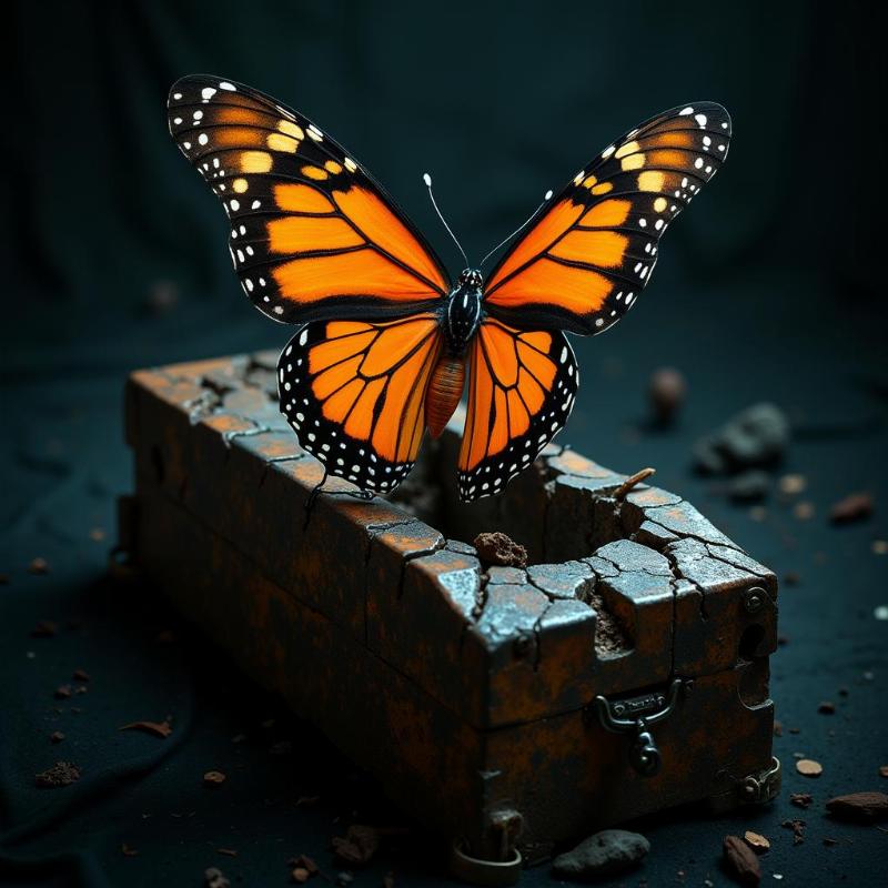 A vibrant butterfly emerging from a cracked-open coffin, symbolizing transformation and rebirth