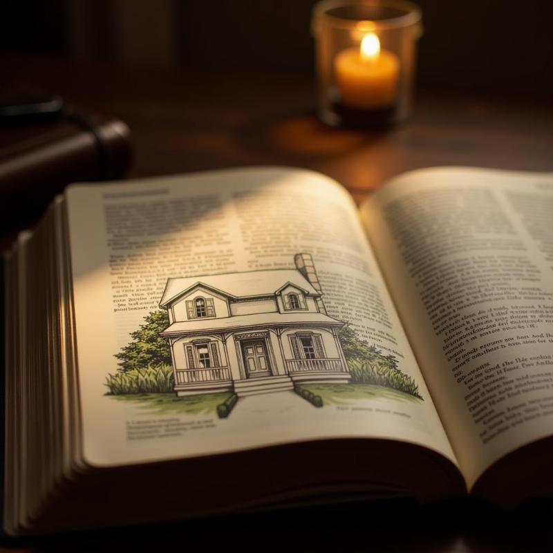 Open Bible with a Light Shining on a Drawing of a House