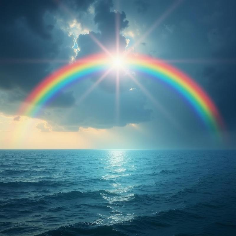 Calm sea after a storm with a rainbow