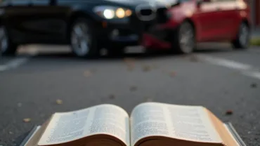 car crash with open bible in the foreground